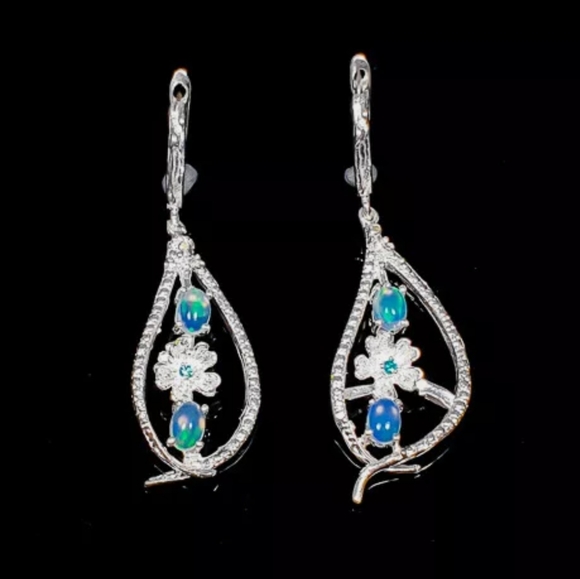 STUNNING Fire Opal & Sapphire Sterling floral earrings - Picture 4 of 9